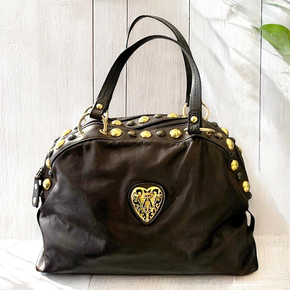 GUCCI Vintage Y2K Brown Calfskin Leather Babouska Studded Dome Satchel Bag